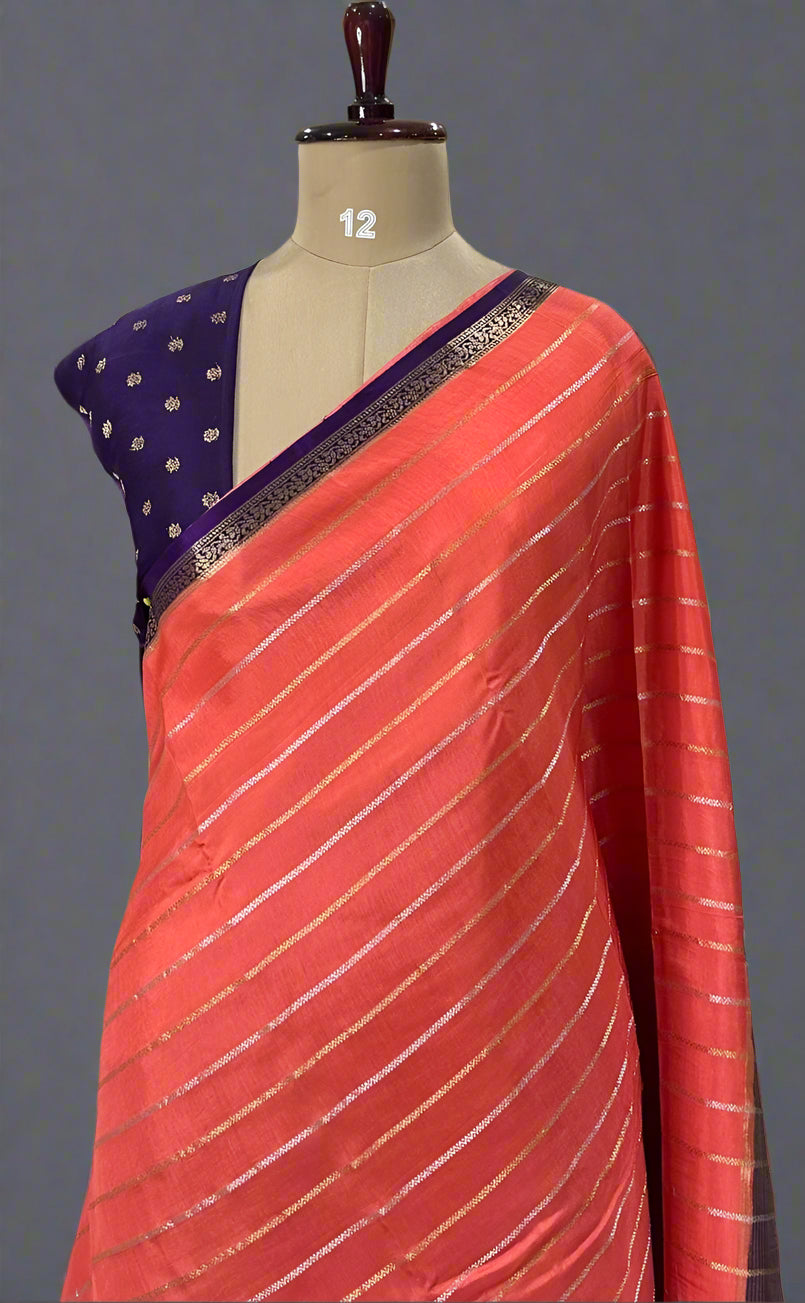 Light reddish pink stripes bentex semi mysore-08 crepe saree