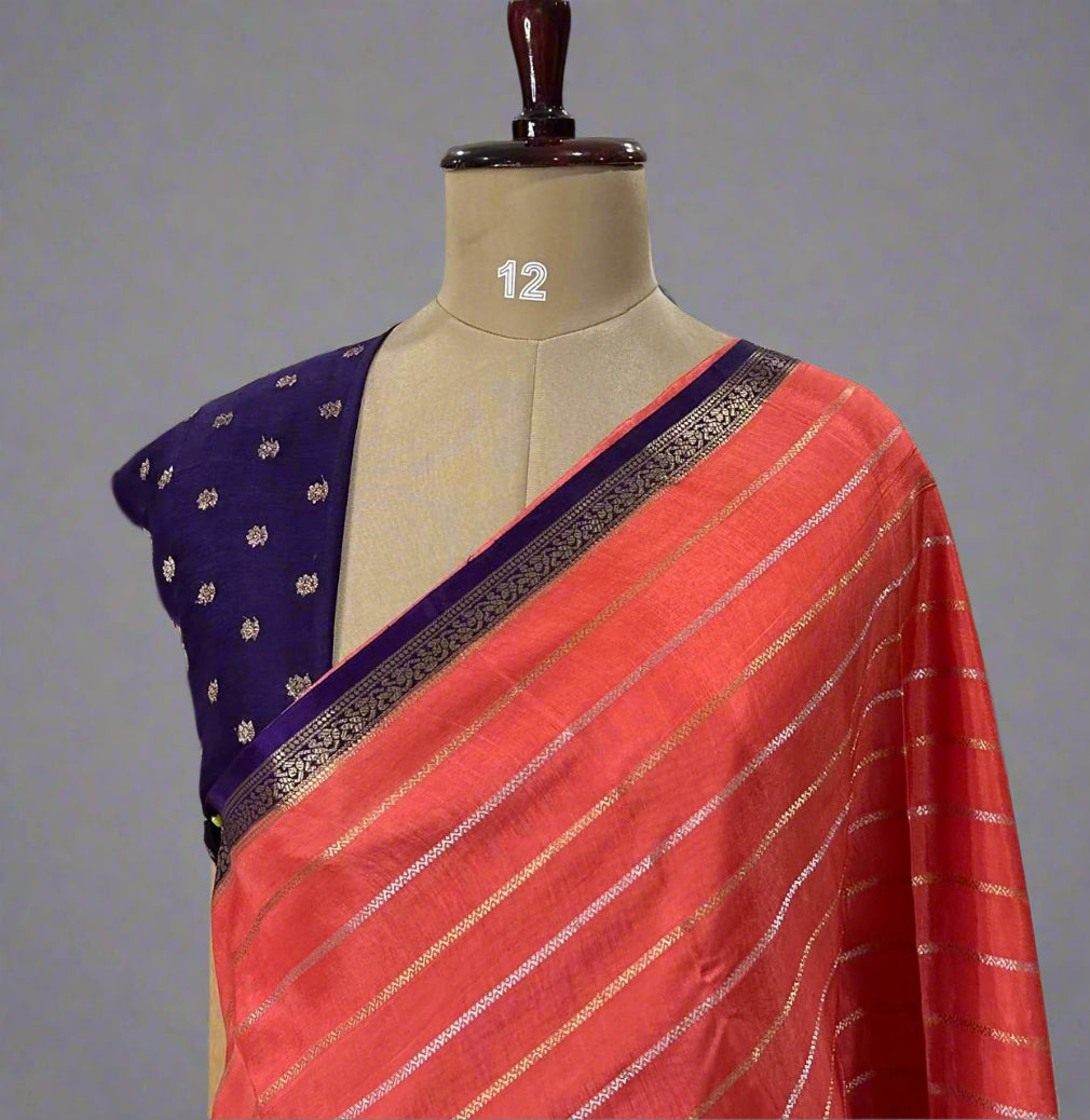 Light reddish pink stripes bentex semi mysore-08 crepe saree