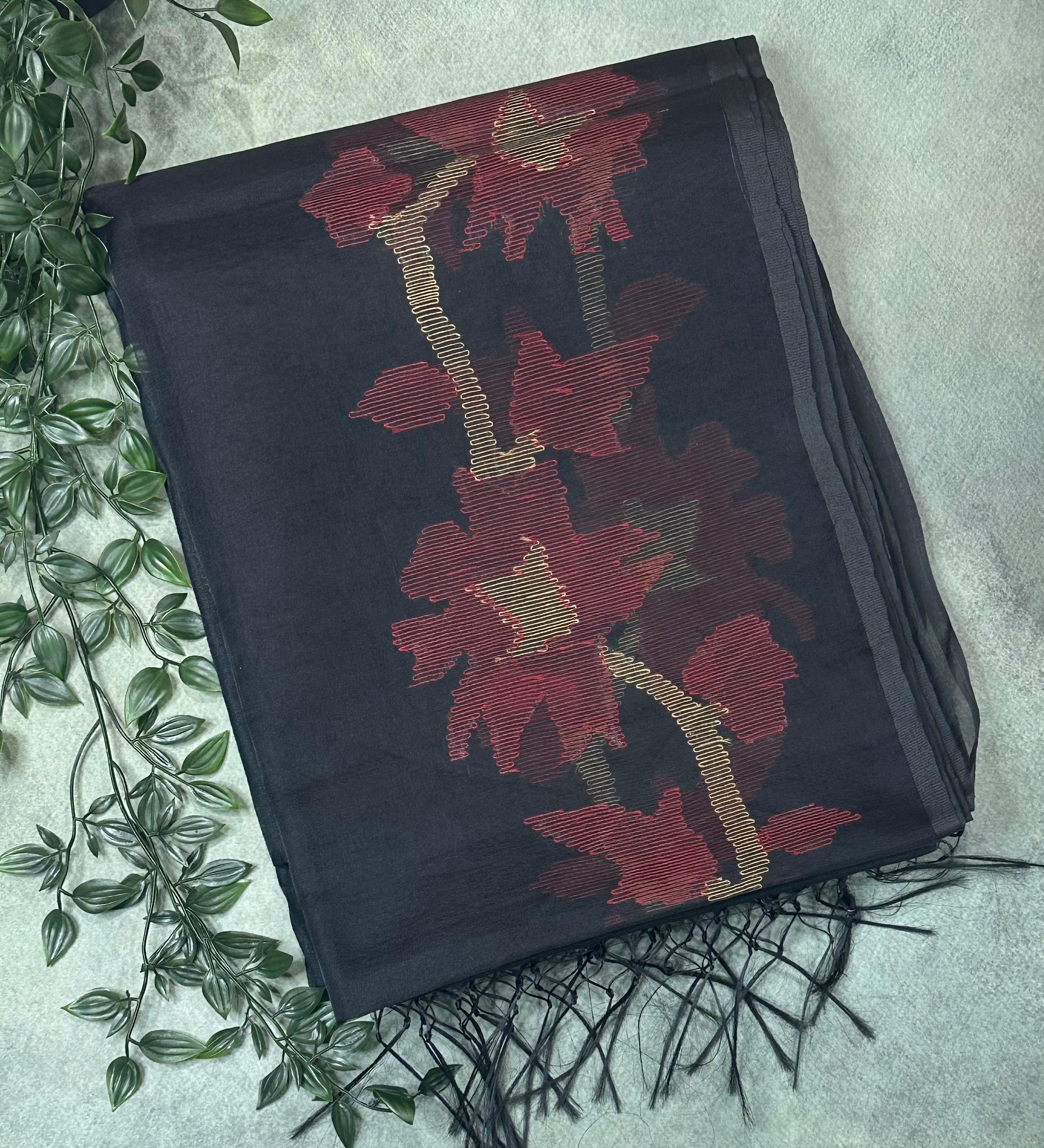 Black pure Jamdani linen organza-09 Saree – Handwoven Traditional Masterpiece with Intricate Motifs and Luxurious Drape