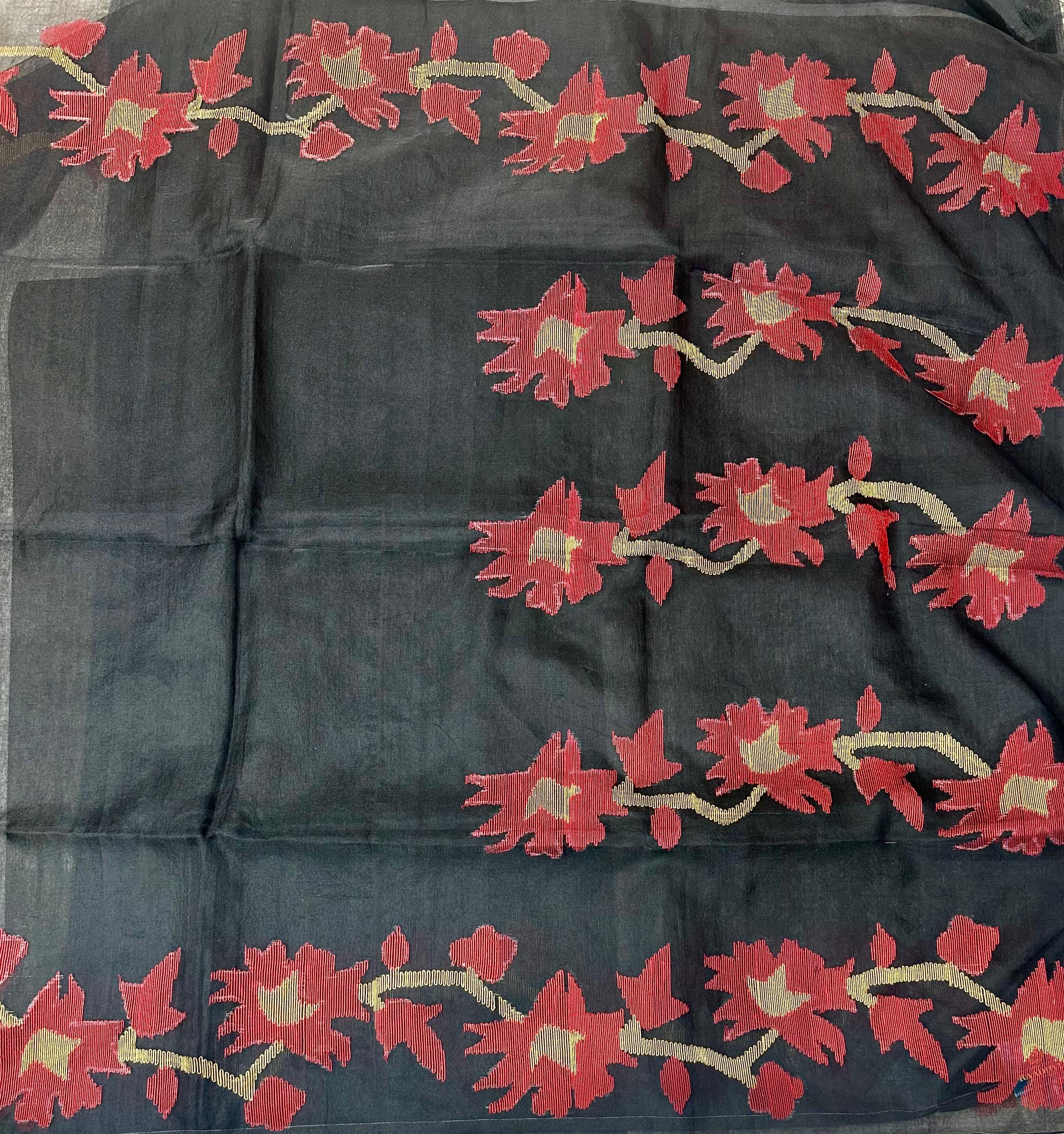 Black pure Jamdani linen organza-09 Saree – Handwoven Traditional Masterpiece with Intricate Motifs and Luxurious Drape