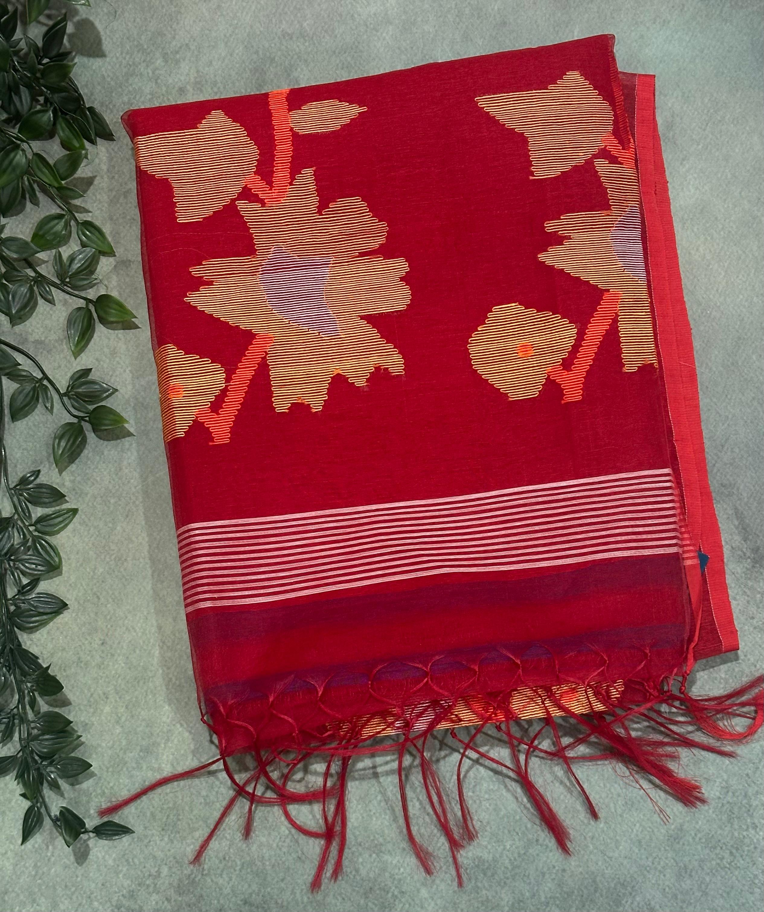 Red pure Jamdani linen organza-09 Saree – Handwoven Traditional Masterpiece with Intricate Motifs and Luxurious Drape
