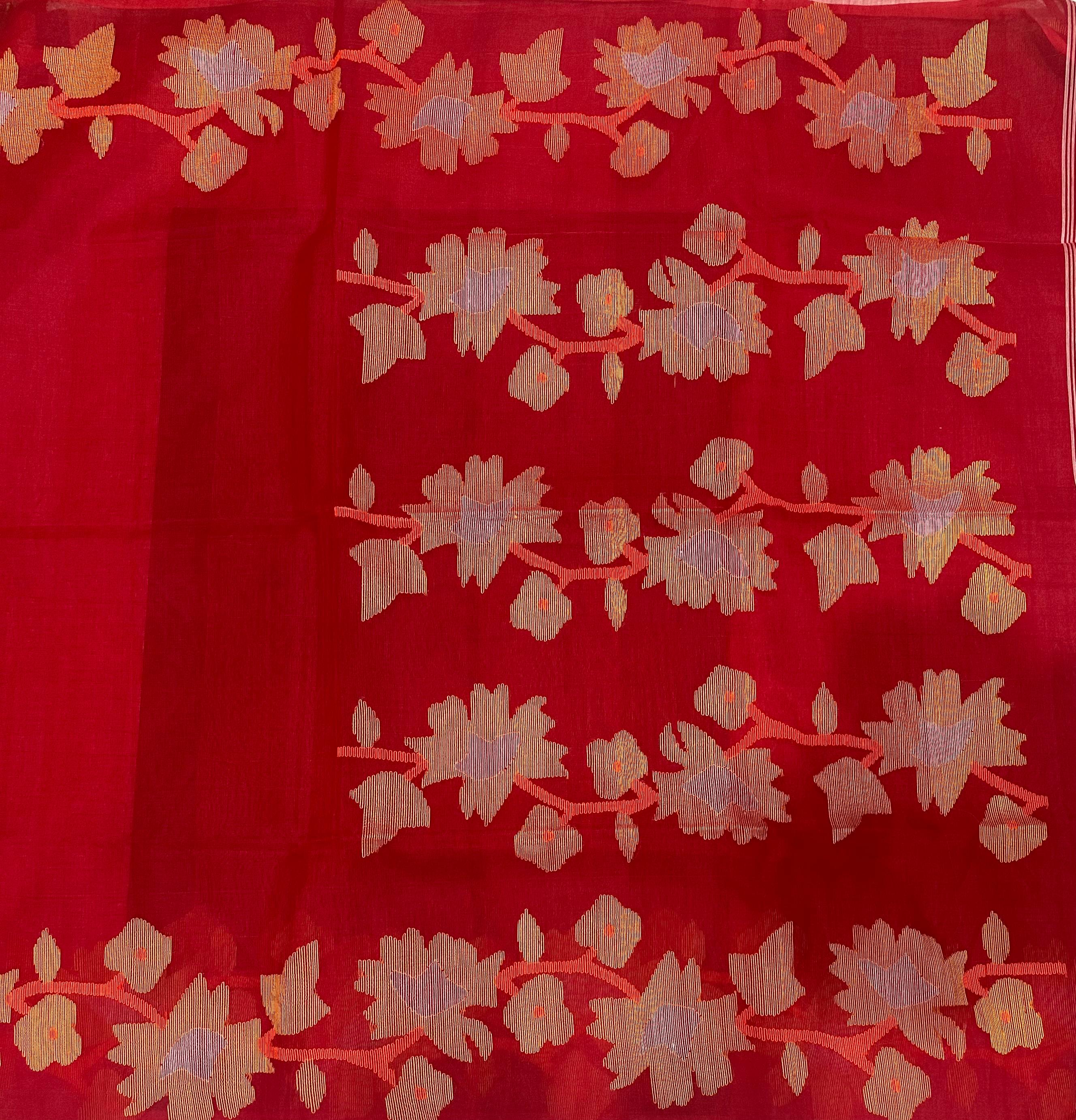 Red pure Jamdani linen organza-09 Saree – Handwoven Traditional Masterpiece with Intricate Motifs and Luxurious Drape