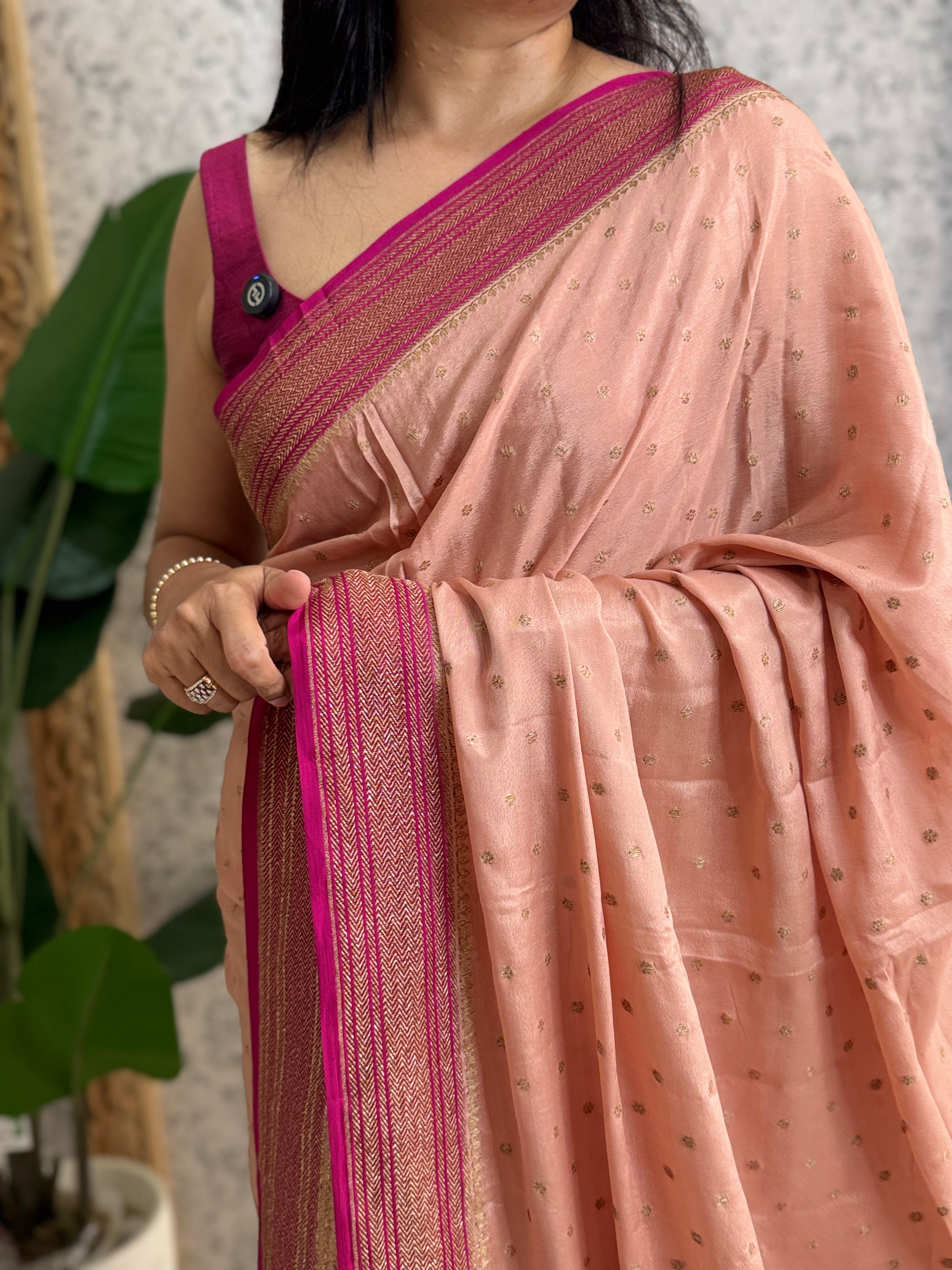 Peach and rani pink pure banarasi crepe silk saree