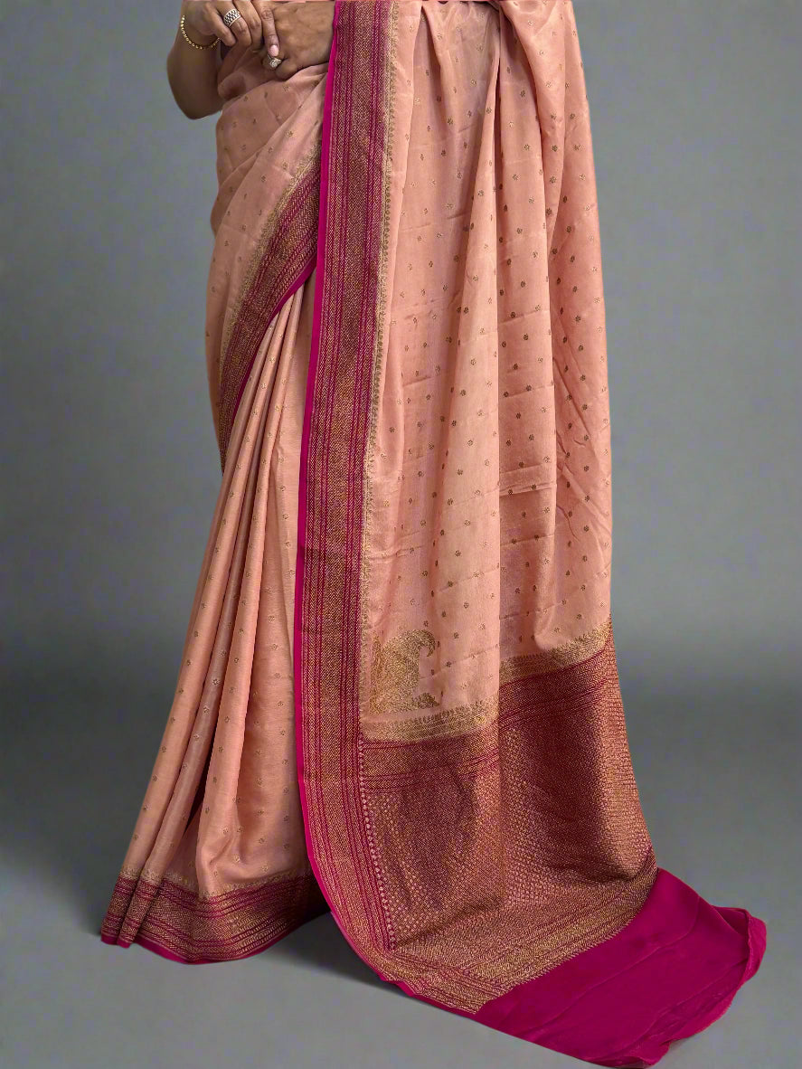 Peach and rani pink pure banarasi crepe silk saree