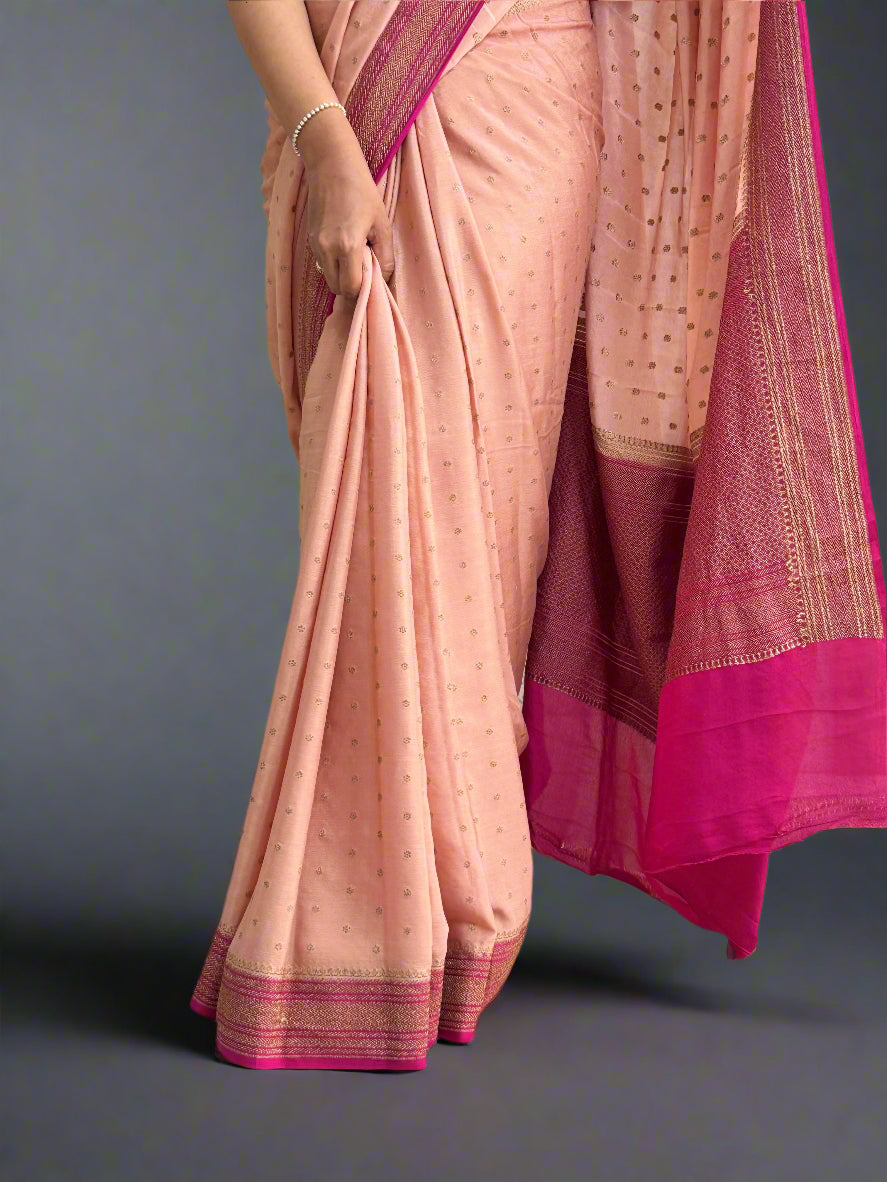 Peach and rani pink pure banarasi crepe silk saree
