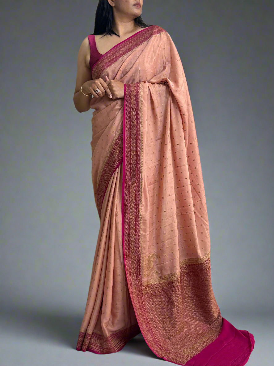 Peach and rani pink pure banarasi crepe silk saree
