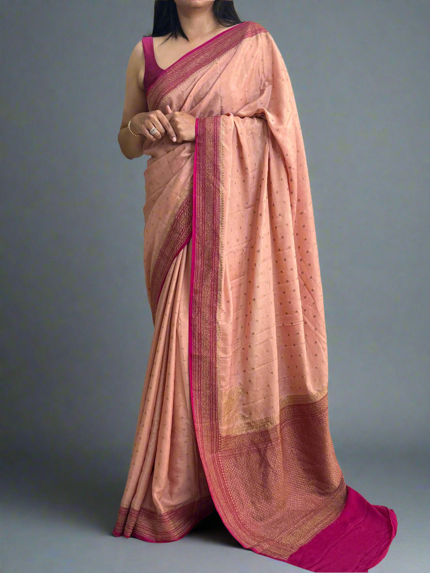 Peach and rani pink pure banarasi crepe silk saree