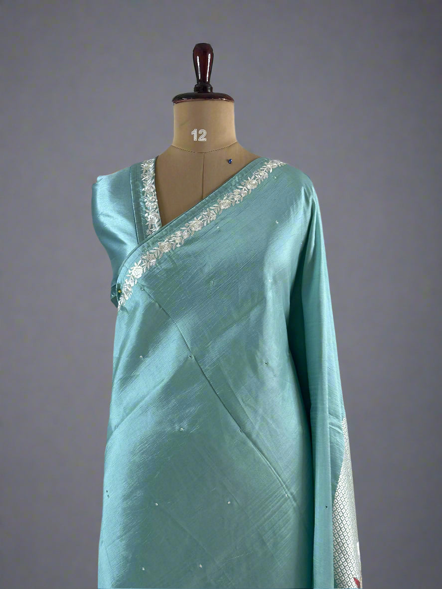 Firozi blue  Elegant Flamingo Tussar Silk Saree – Graceful Weave with Timeless Appeal,Flamigo tussar-09