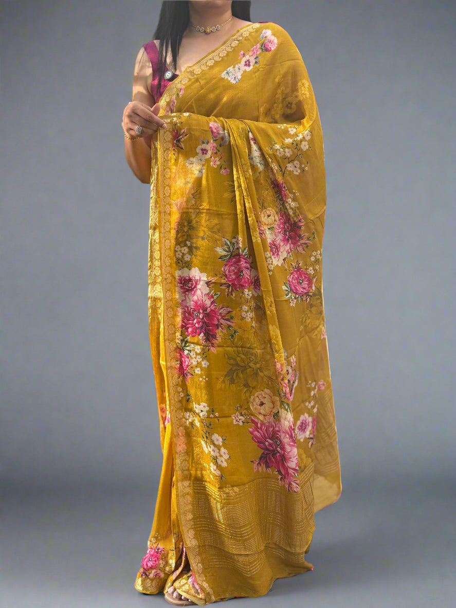 Bright Yellow Digital Print Chinon-09 Saree – Lightweight Designer Saree for Festive & Party Wear