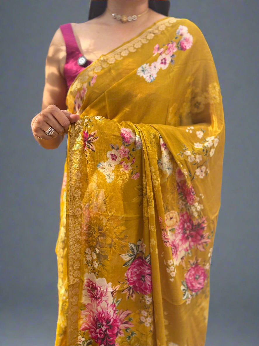 Bright Yellow Digital Print Chinon-09 Saree – Lightweight Designer Saree for Festive & Party Wear