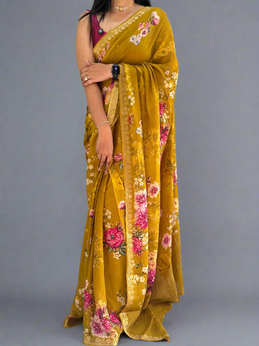 Bright Yellow Digital Print Chinon-09 Saree – Lightweight Designer Saree for Festive & Party Wear