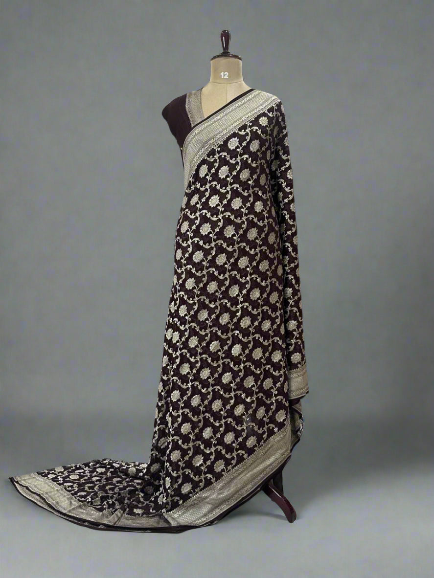 Brown Banarasi Pure Georgette Saree with Water Zari – Handwoven Luxury for Weddings & Festive Wear