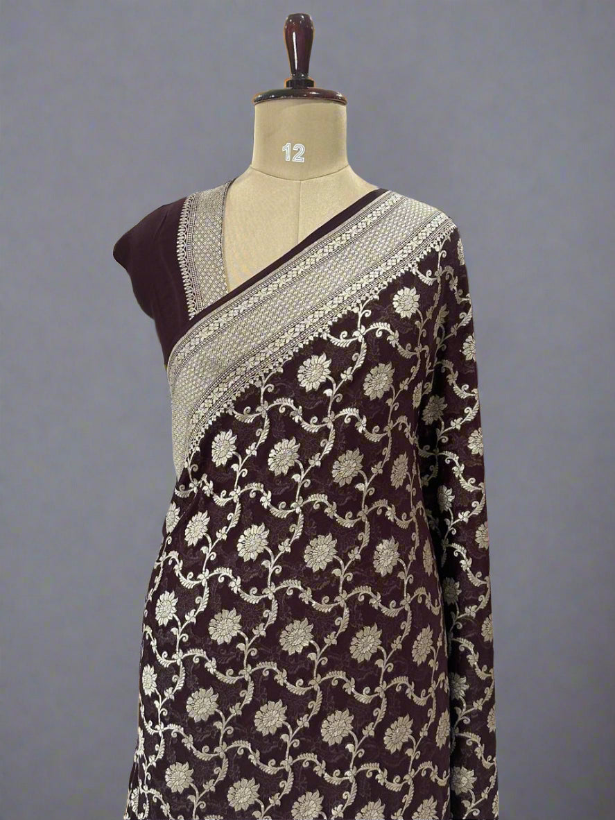Brown Banarasi Pure Georgette Saree with Water Zari – Handwoven Luxury for Weddings & Festive Wear