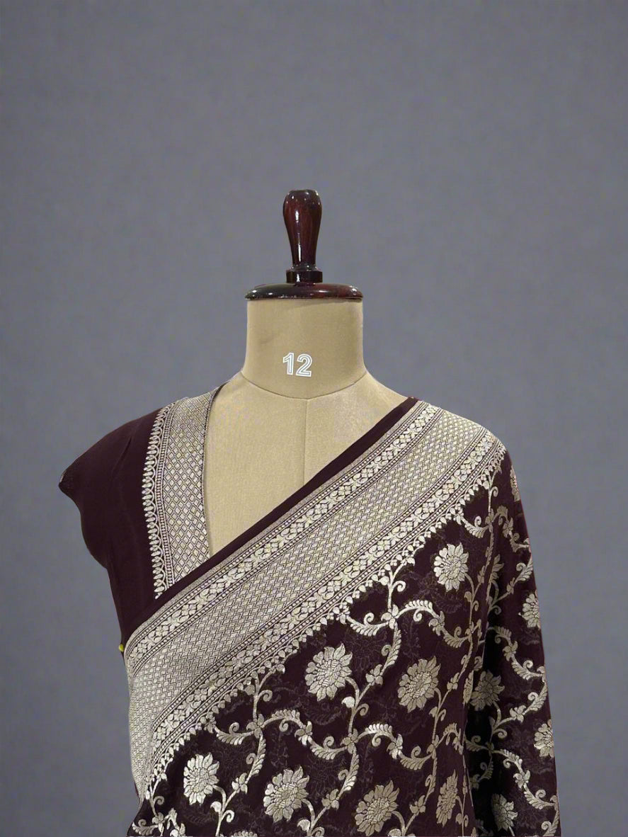 Brown Banarasi Pure Georgette Saree with Water Zari – Handwoven Luxury for Weddings & Festive Wear