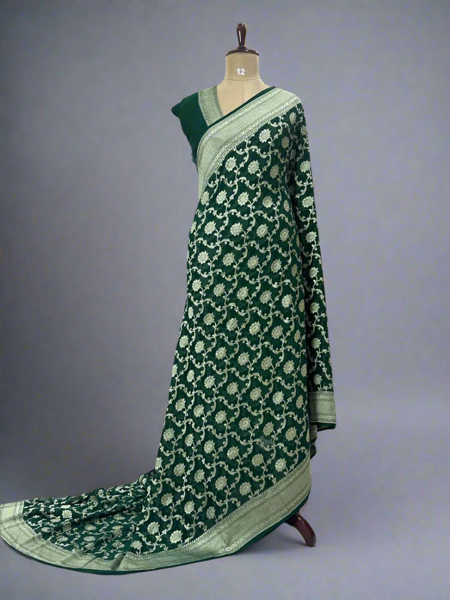 Green Banarasi Pure Georgette Saree with Water Zari – Handwoven Luxury for Weddings & Festive Wear