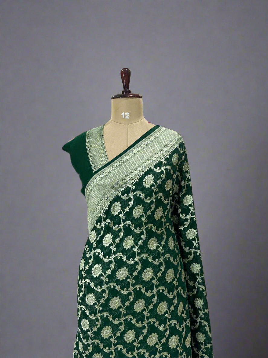 Green Banarasi Pure Georgette Saree with Water Zari – Handwoven Luxury for Weddings & Festive Wear