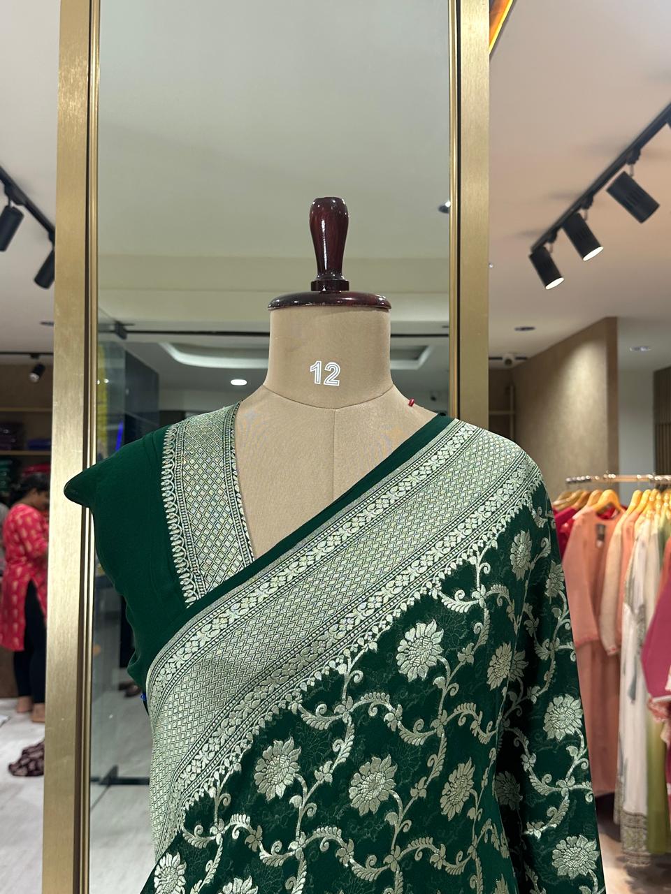 Green Banarasi Pure Georgette Saree with Water Zari – Handwoven Luxury for Weddings & Festive Wear
