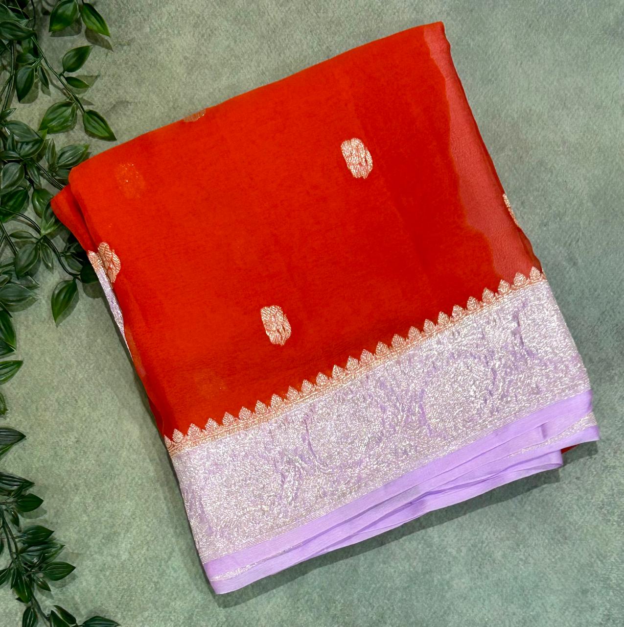 Orange n Lilac Pure Chiffon Saree – Lightweight Elegance