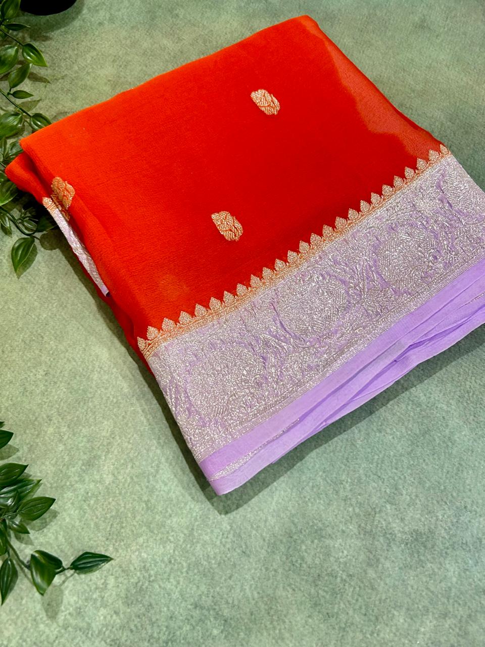 Orange n Lilac Pure Chiffon Saree – Lightweight Elegance