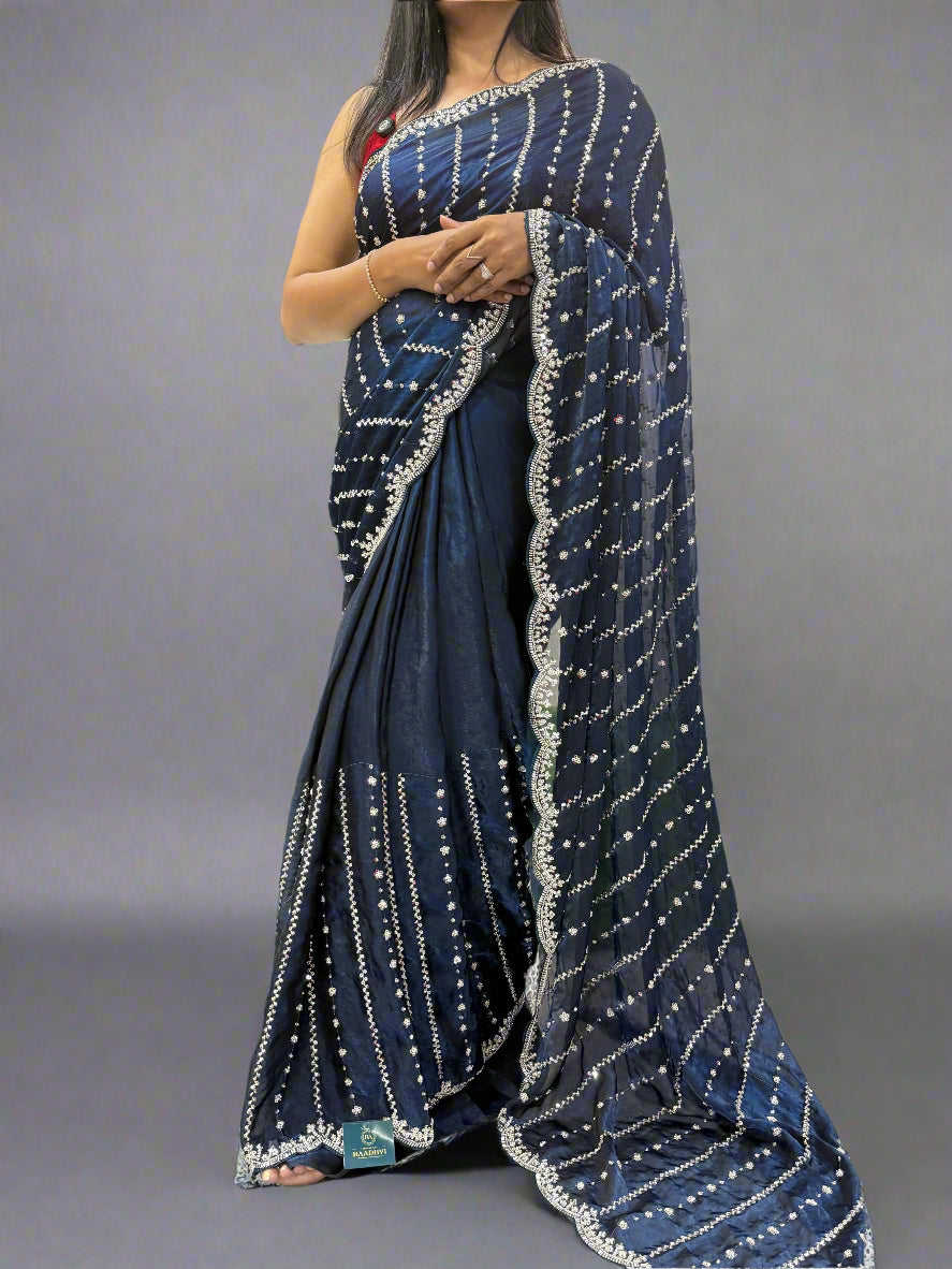 Navy blue Elegant Party Wear Saree with Scallop Border Design – Graceful & Stylish,party wear scallop-09