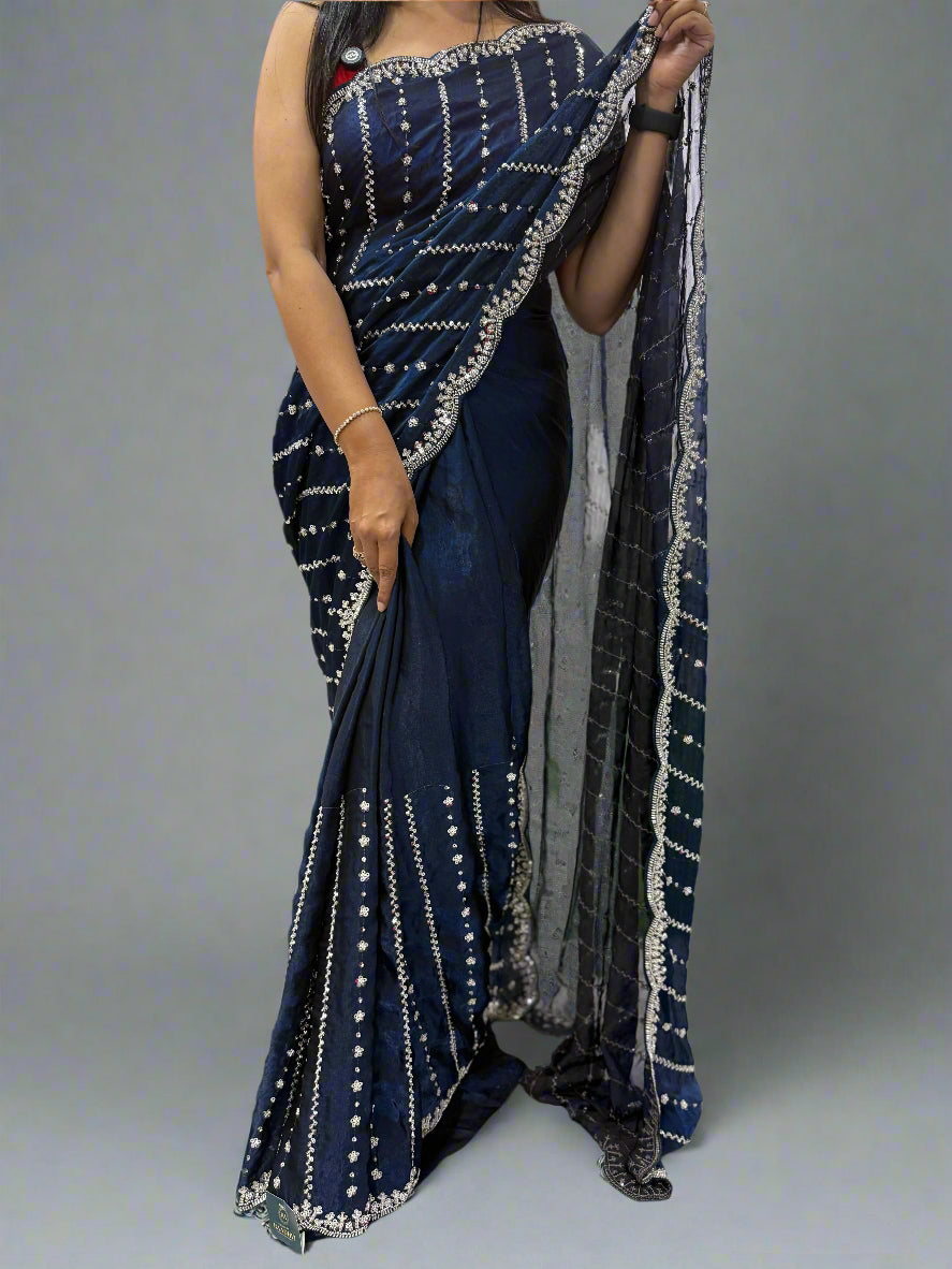Navy blue Elegant Party Wear Saree with Scallop Border Design – Graceful & Stylish,party wear scallop-09