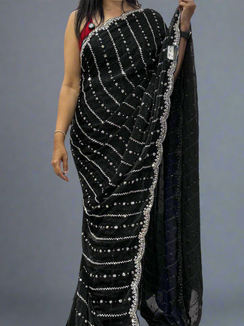 Black Elegant Party Wear Saree with Scallop Border Design – Graceful & Stylish,party wear scallop-09