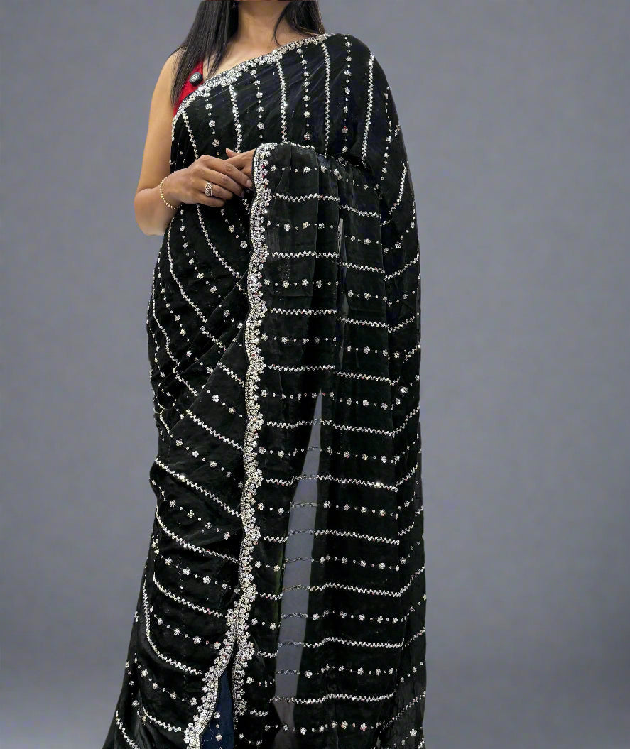 Black Elegant Party Wear Saree with Scallop Border Design – Graceful & Stylish,party wear scallop-09