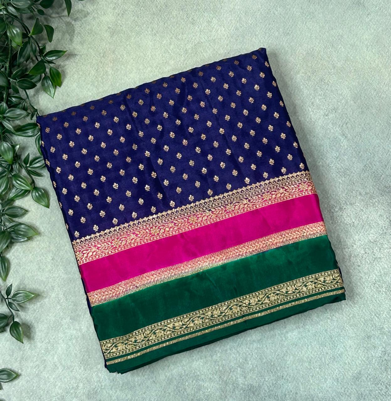 Navy Blue-02 Luxurious 3D Banarasi Pure Crepe-09 Silk Saree – Handwoven Elegance for Special Occasions