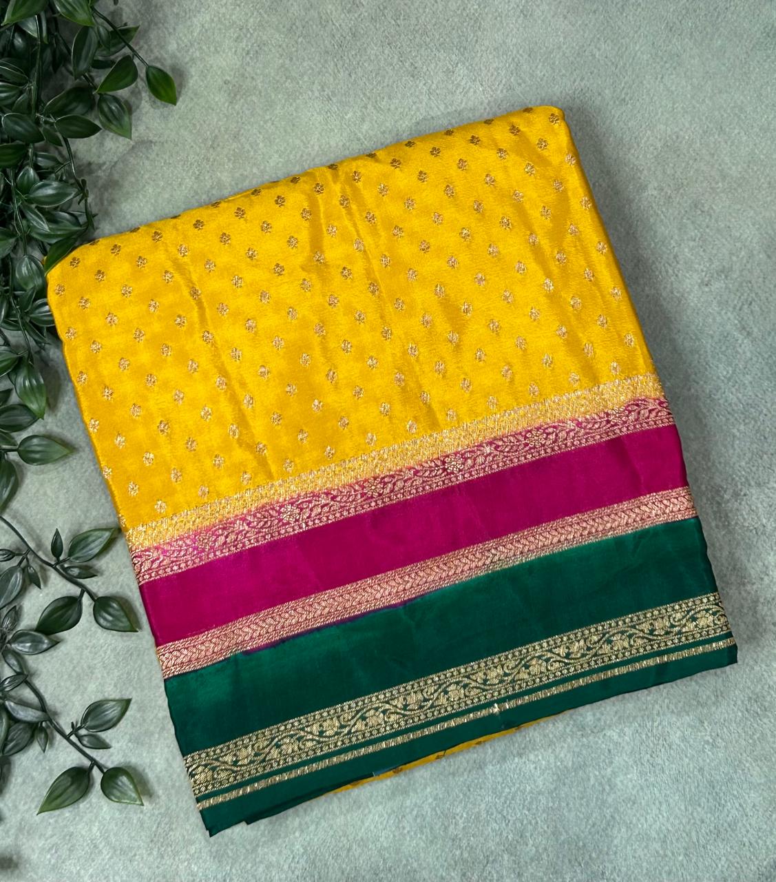 Yellow Luxurious 3D Banarasi Pure Crepe-09 Silk Saree – Handwoven Elegance for Special Occasions