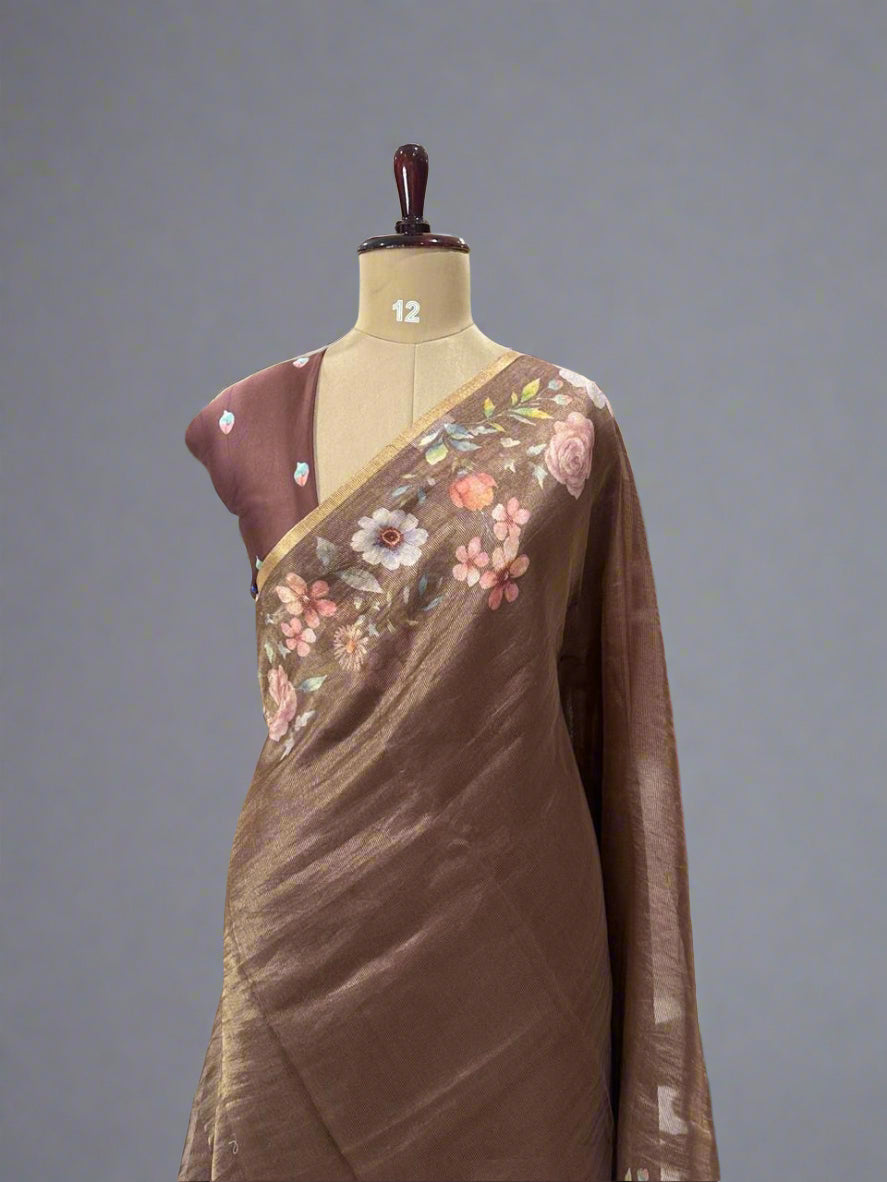 Brown Luxury Satin Tissue Digital Print Fabric – Soft, Elegant & Premium Quality