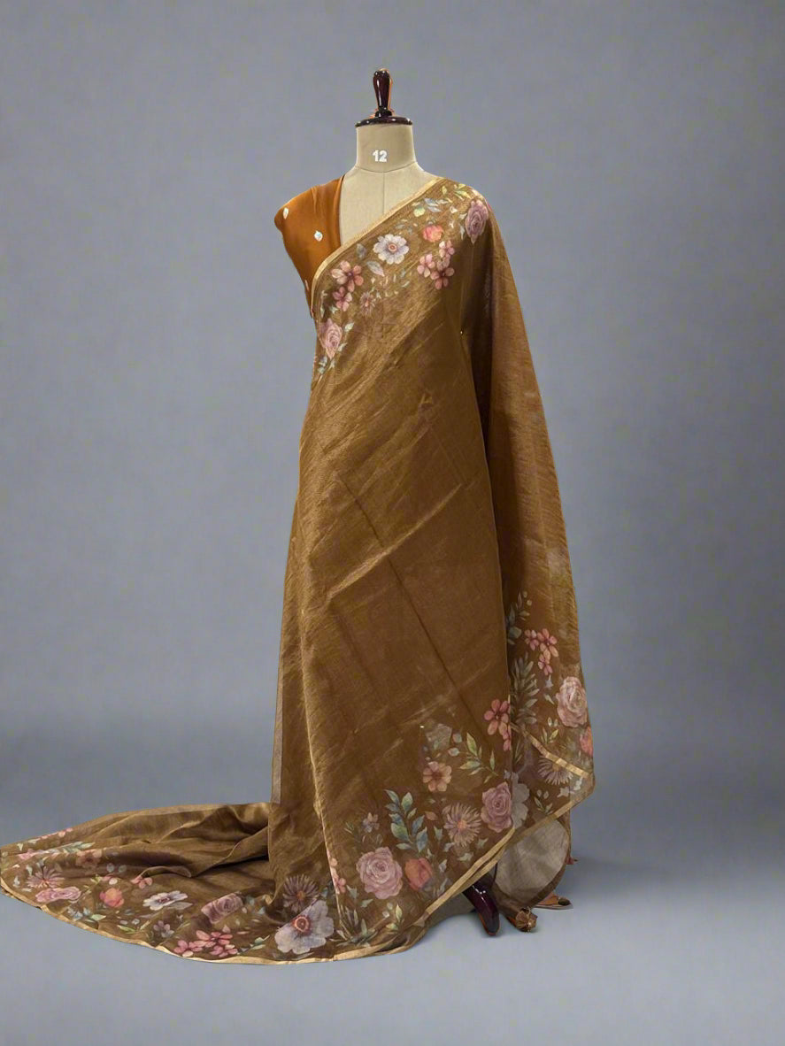 Mustard yellow Luxury Satin Tissue Digital Print Fabric – Soft, Elegant & Premium Quality