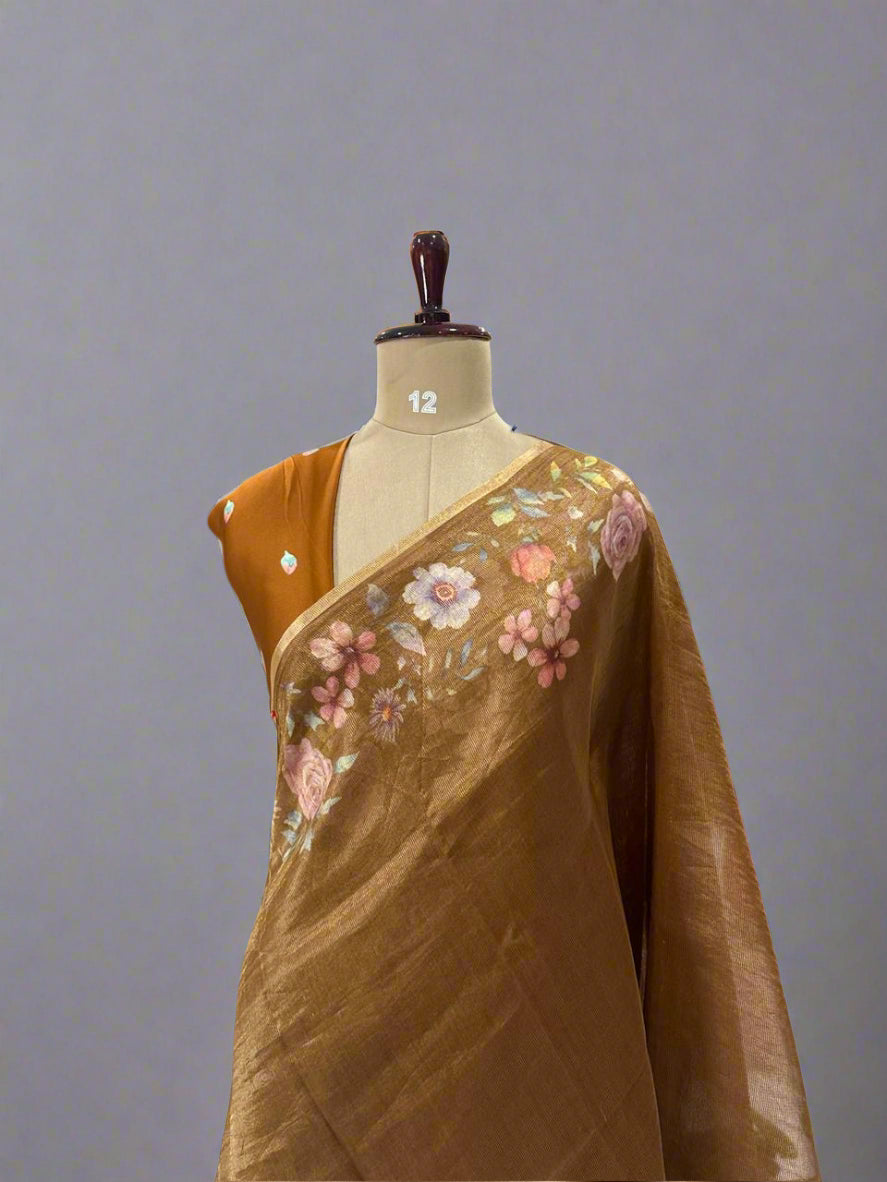 Mustard yellow Luxury Satin Tissue Digital Print Fabric – Soft, Elegant & Premium Quality