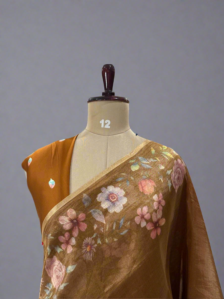 Mustard yellow Luxury Satin Tissue Digital Print Fabric – Soft, Elegant & Premium Quality