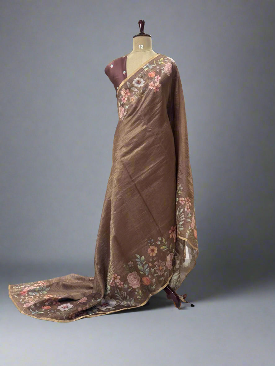 Brown Luxury Satin Tissue Digital Print Fabric – Soft, Elegant & Premium Quality