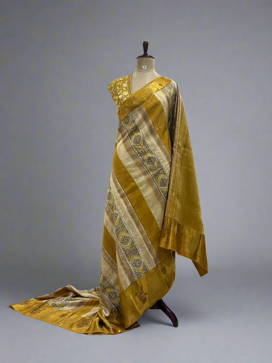 Yellow Elegant Dola Silk Fabric with Satin Border & Striped Design – Premium Ethnic Wear Material
