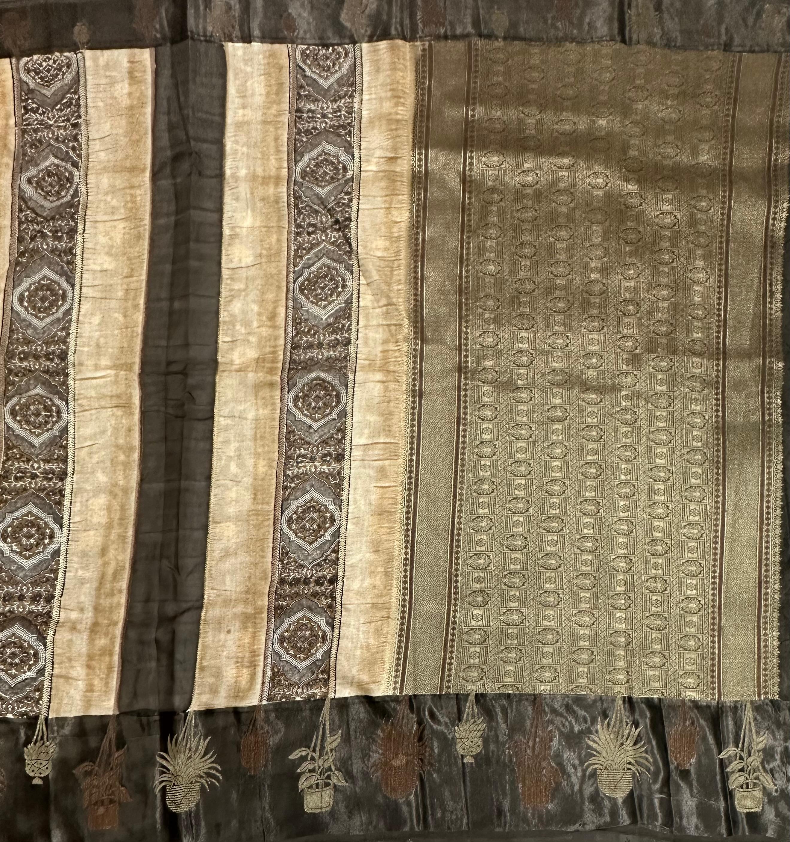 Grey Elegant Dola Silk Fabric with Satin Border & Striped Design – Premium Ethnic Wear Material