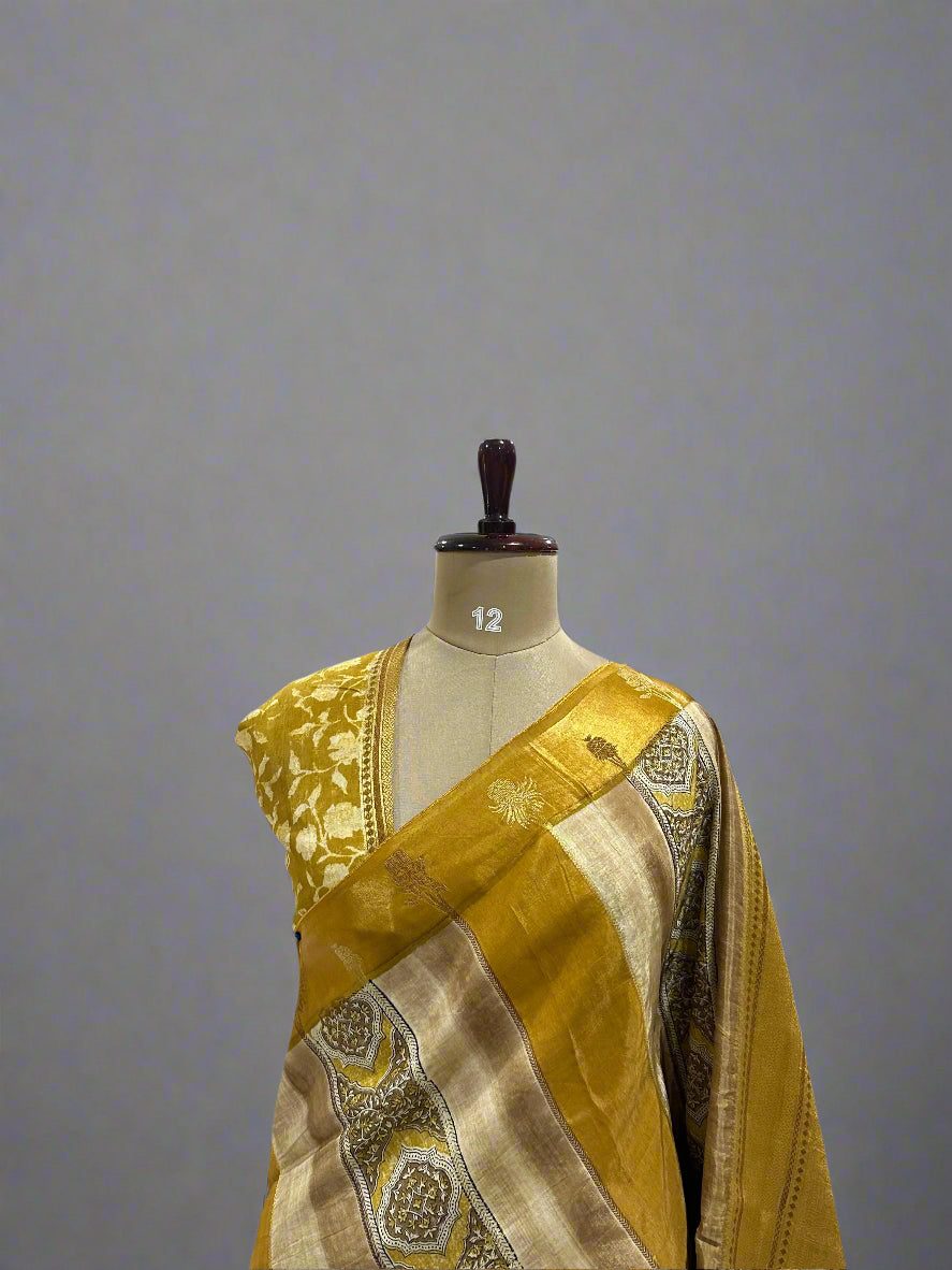 Yellow Elegant Dola Silk Fabric with Satin Border & Striped Design – Premium Ethnic Wear Material