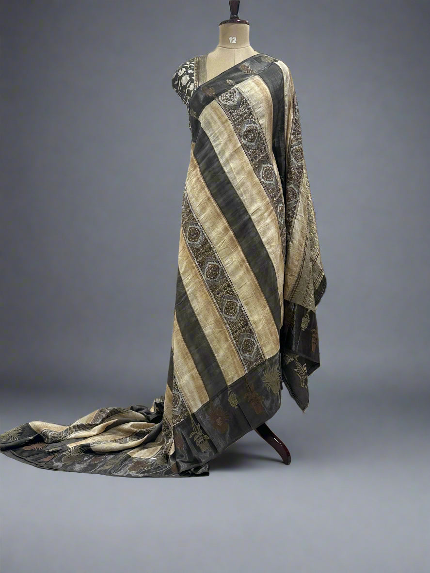 Grey Elegant Dola Silk Fabric with Satin Border & Striped Design – Premium Ethnic Wear Material