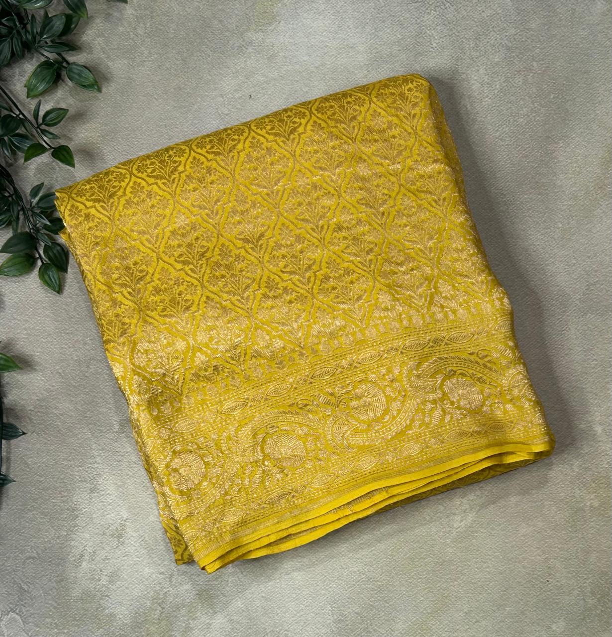 Light yellow Luxurious Pure Banarasi Crepe Saree with brocade Weave – Perfect for Weddings and Festive Celebrations,pure banarasi-09
