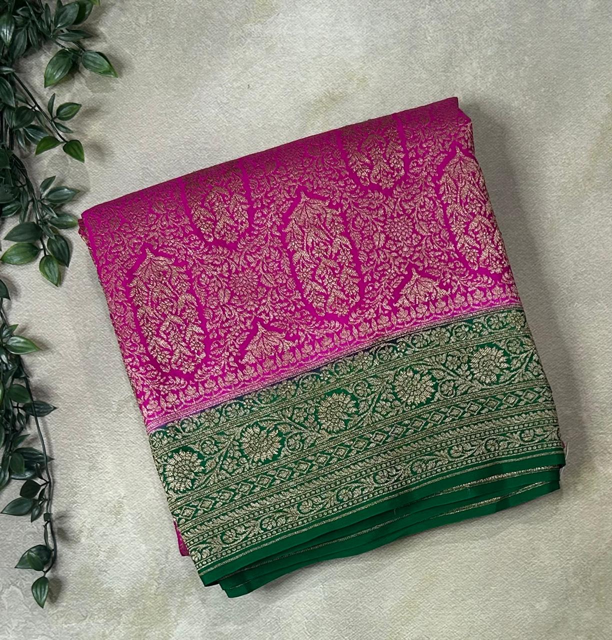 Megenta n green Luxurious Pure Banarasi Crepe Saree with brocade Weave – Perfect for Weddings and Festive Celebrations,pure banarasi-09