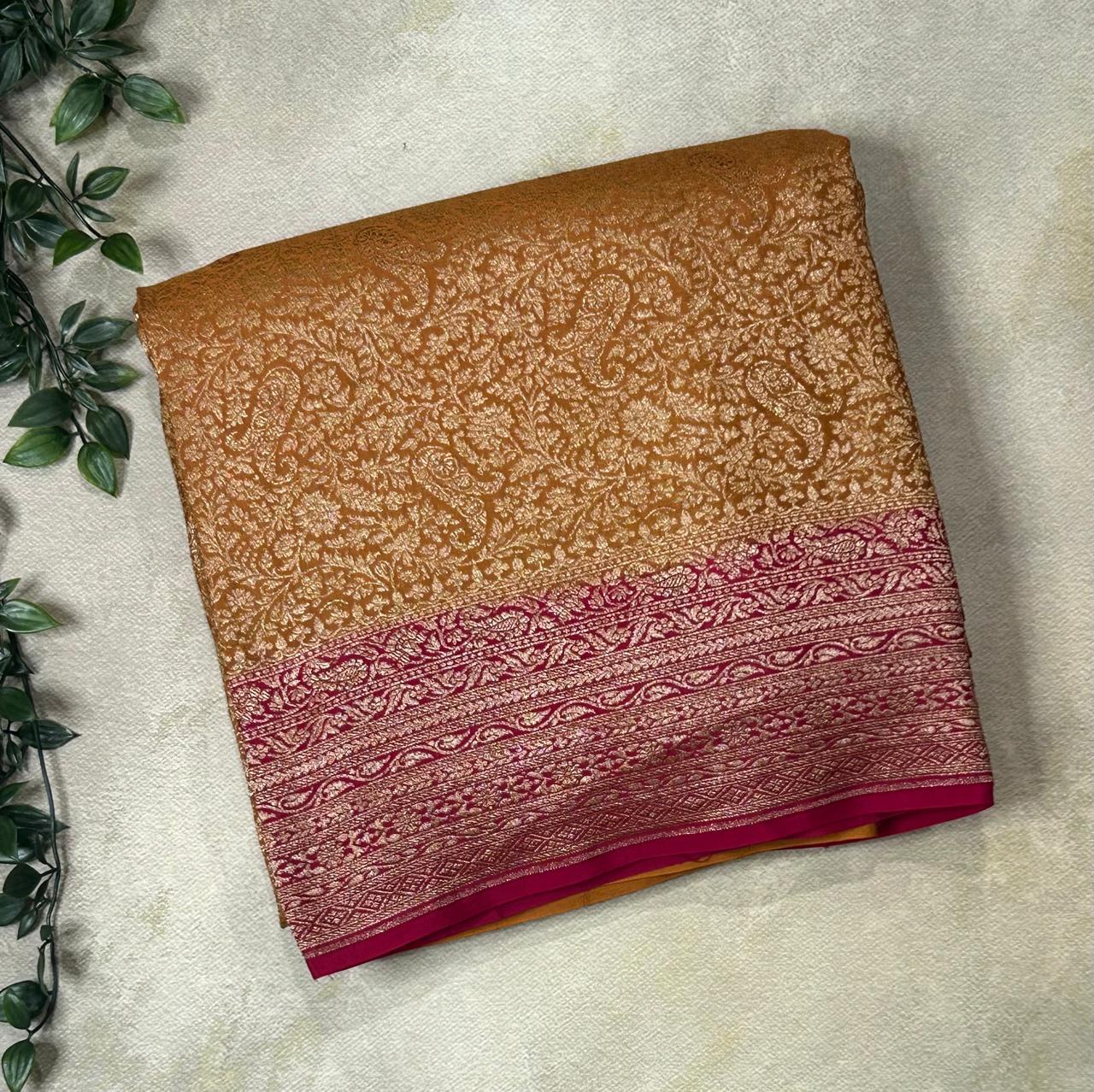 Golden brown  Luxurious Pure Banarasi Crepe Saree with brocade Weave – Perfect for Weddings and Festive Celebrations,pure banarasi-09