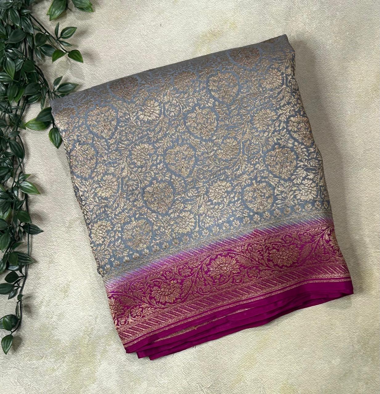 Grey Luxurious Pure Banarasi Crepe Saree with brocade Weave – Perfect for Weddings and Festive Celebrations,pure banarasi-09