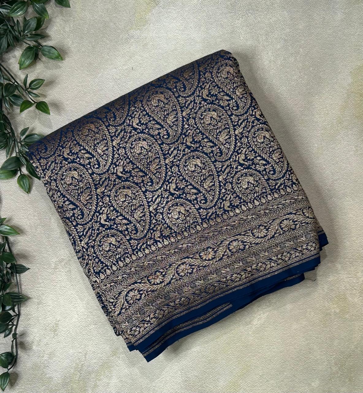 Navy blue Luxurious Pure Banarasi Crepe Saree with brocade Weave – Perfect for Weddings and Festive Celebrations,pure banarasi-09