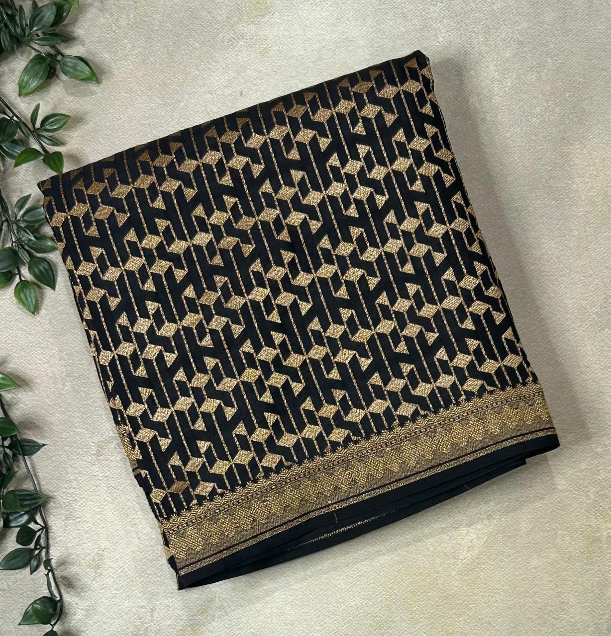 Black Luxurious Pure Banarasi Crepe Saree with brocade Weave – Perfect for Weddings and Festive Celebrations,pure banarasi-09