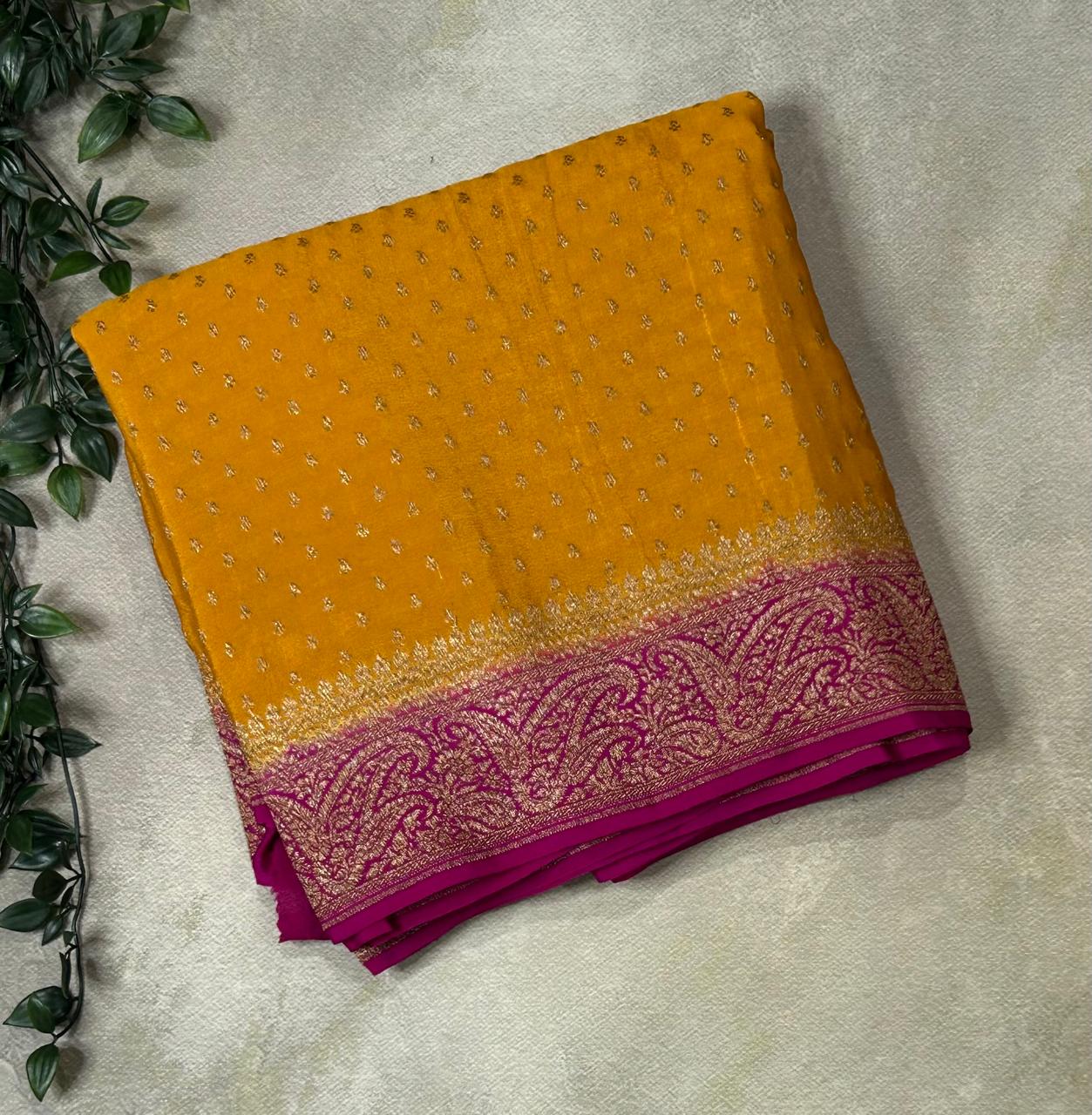 Mustard yellow small butta pure banarasi crepe-09 silk saree