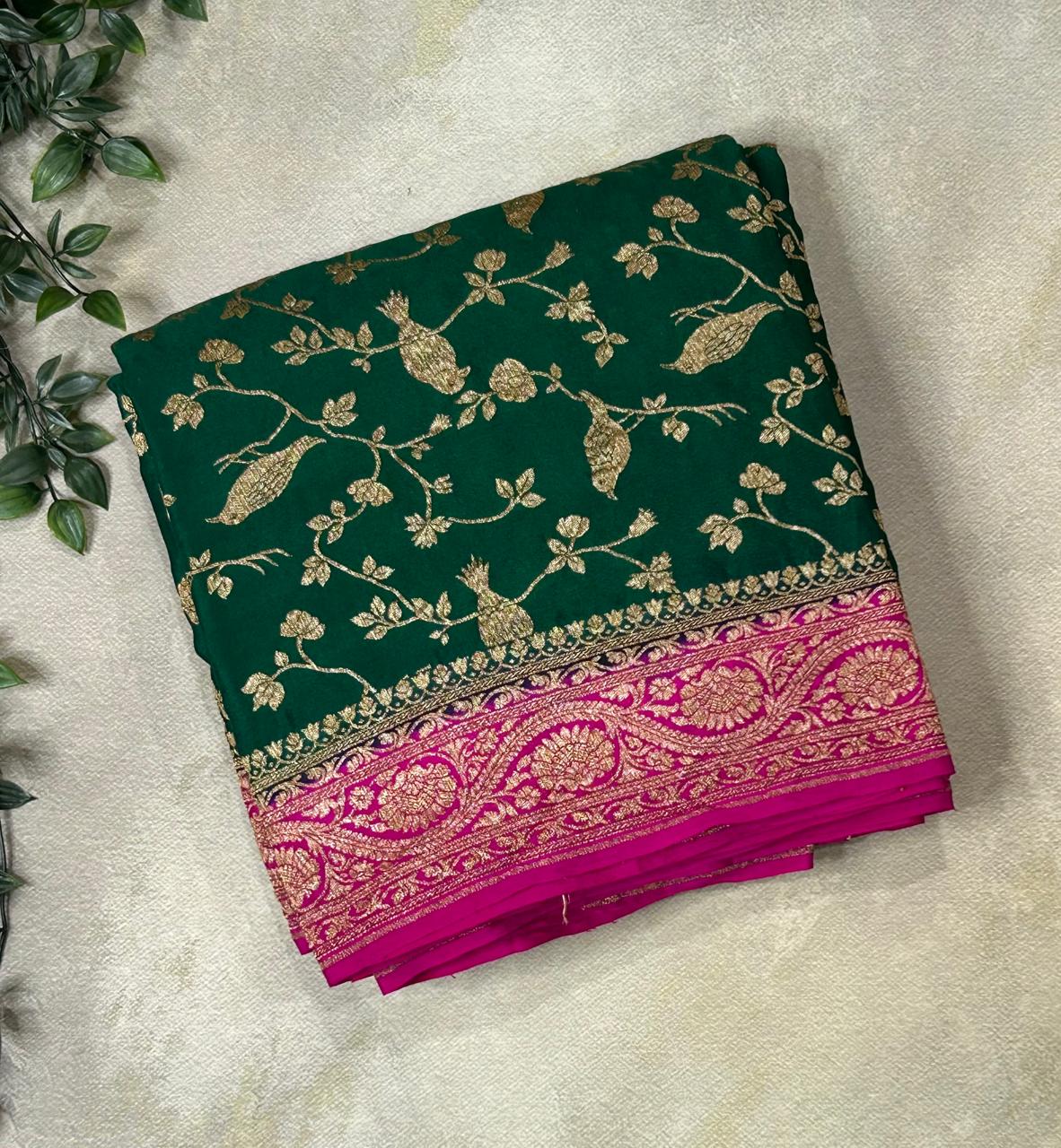 Bottle green jaal pure banarasi crepe silk saree