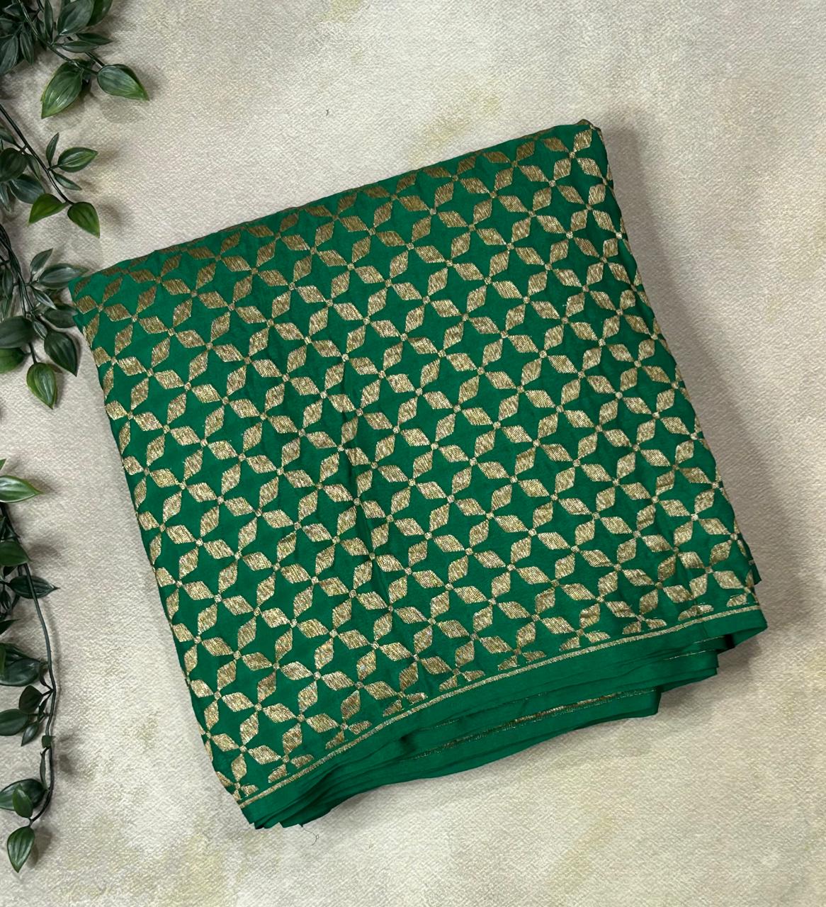 Bottle green star brocade pure banarasi crepe silk saree