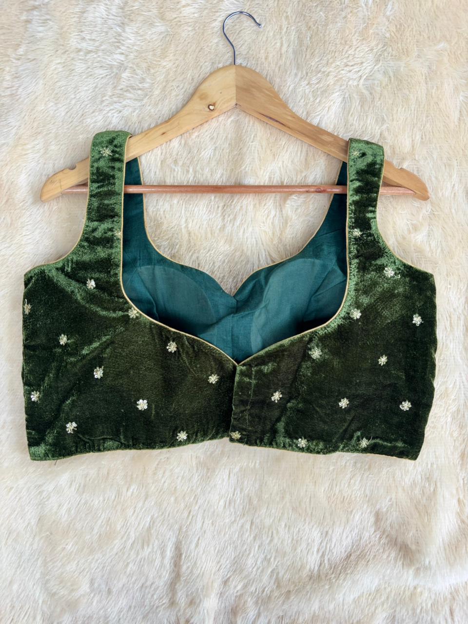 Mehandi green velvet sleeveless blouse