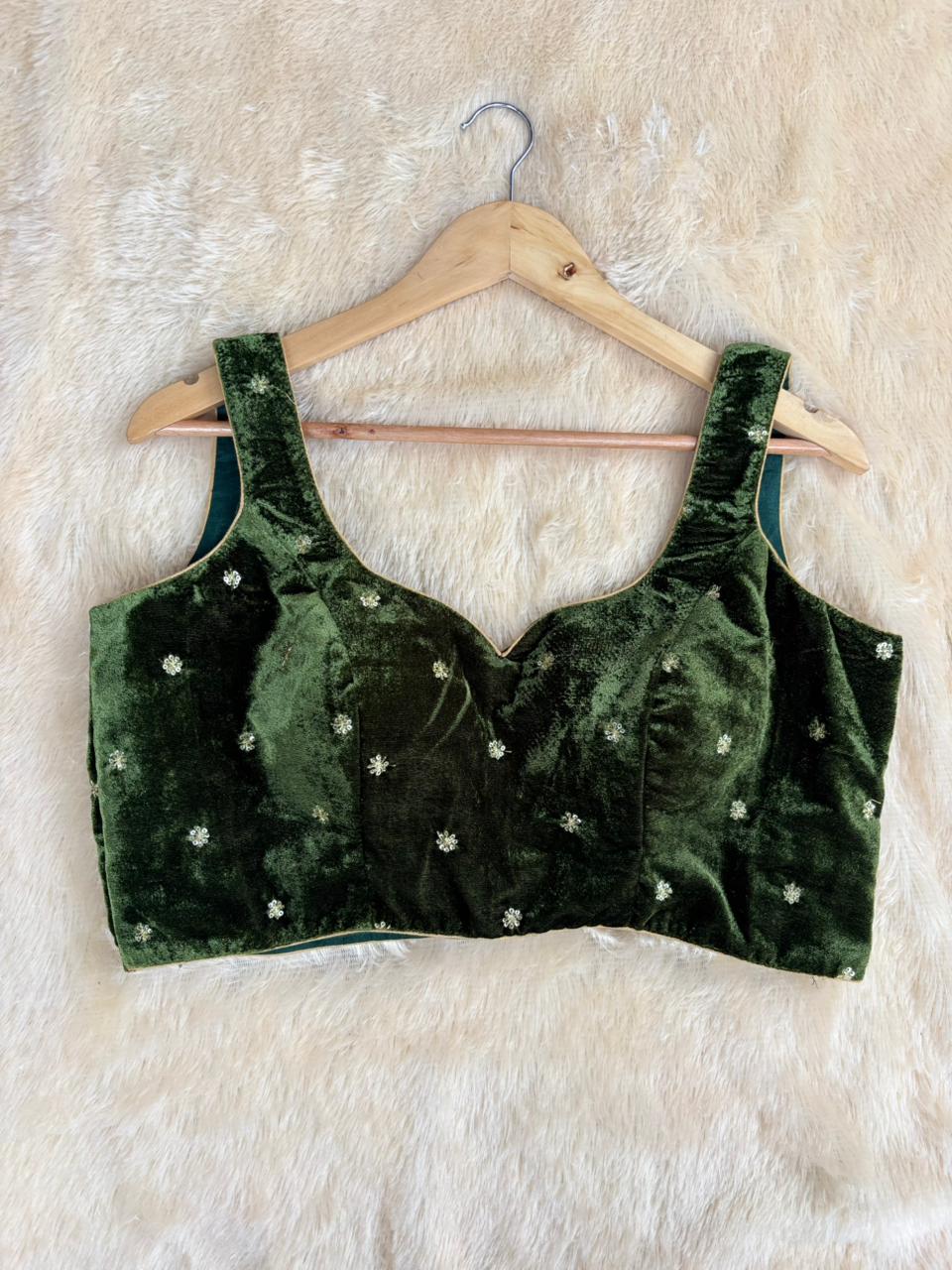 Mehandi green velvet sleeveless blouse