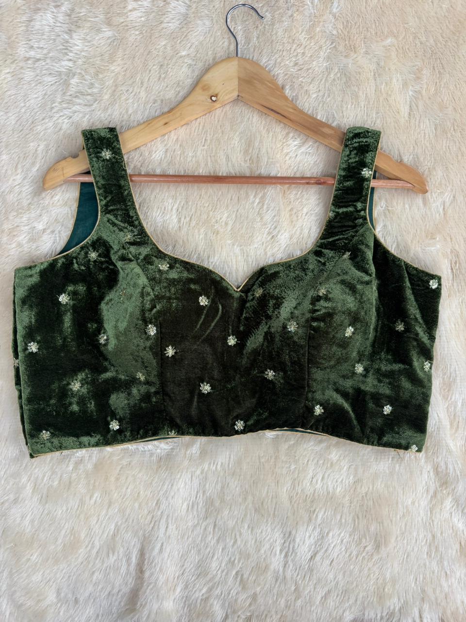 Mehandi green velvet sleeveless blouse